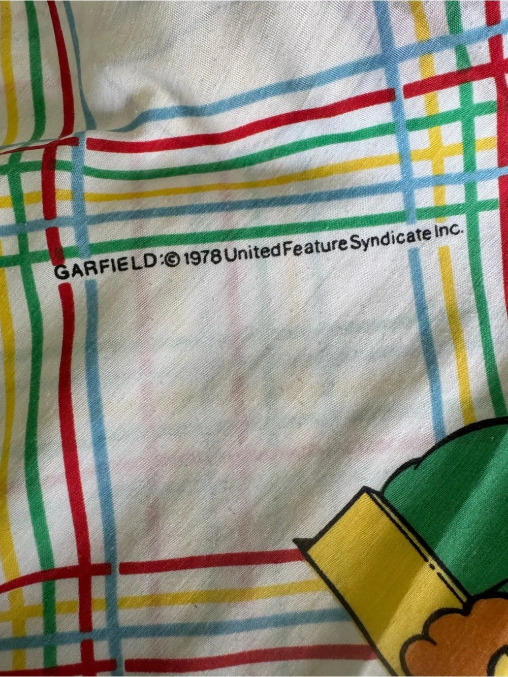 Vintage Garfield Full Flat Sheet 1978 Plaid Cartoon Bedding Retro Collectible